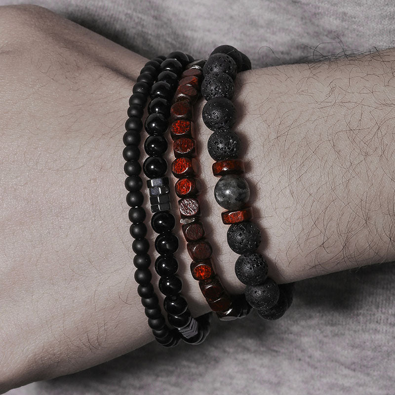 Aule Black Lava Rock Wood Bead 4Pcs Bracelet
