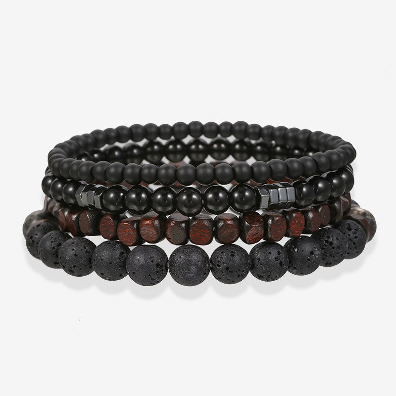 Aule Black Lava Rock Wood Bead 4Pcs Bracelet
