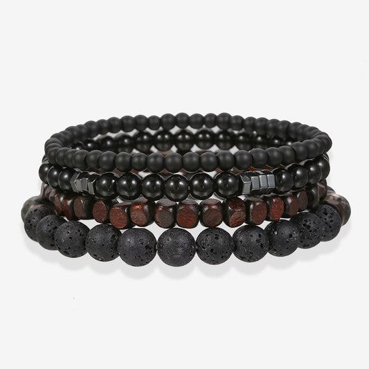 Aule Black Lava Rock Wood Bead 4Pcs Bracelet