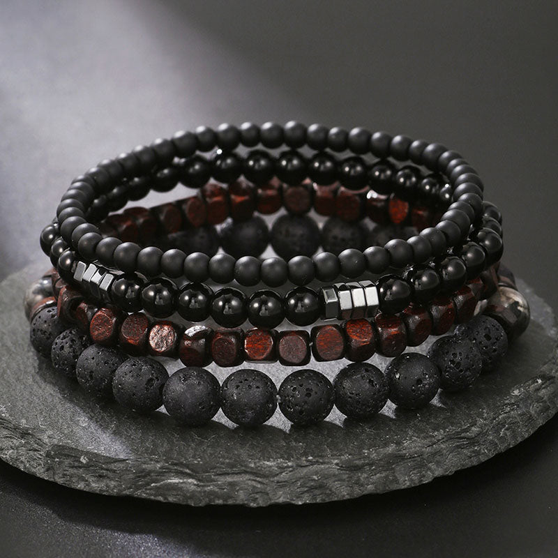 Aule Black Lava Rock Wood Bead 4Pcs Bracelet