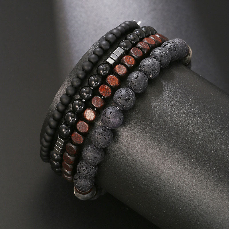 Aule Black Lava Rock Wood Bead 4Pcs Bracelet